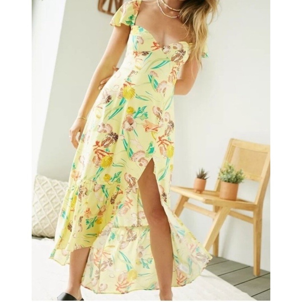 Urban Outfitters Yellow Seashell Maxi Sun Dress XS New NWT Lace Up Back High Low
